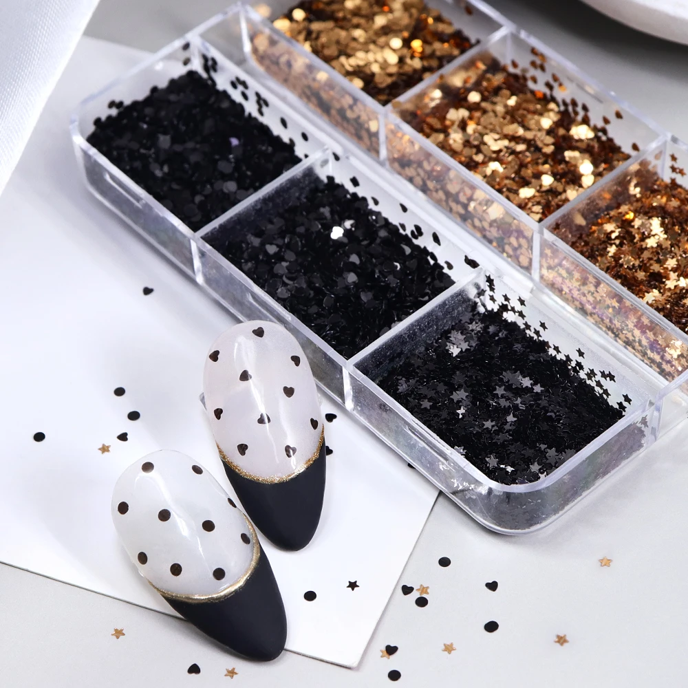 Preto ouro bolinhas arte do prego glitter lantejoulas manicure do vintage lantejoulas bolha estrelas corações forma unhas decoração acessórios
