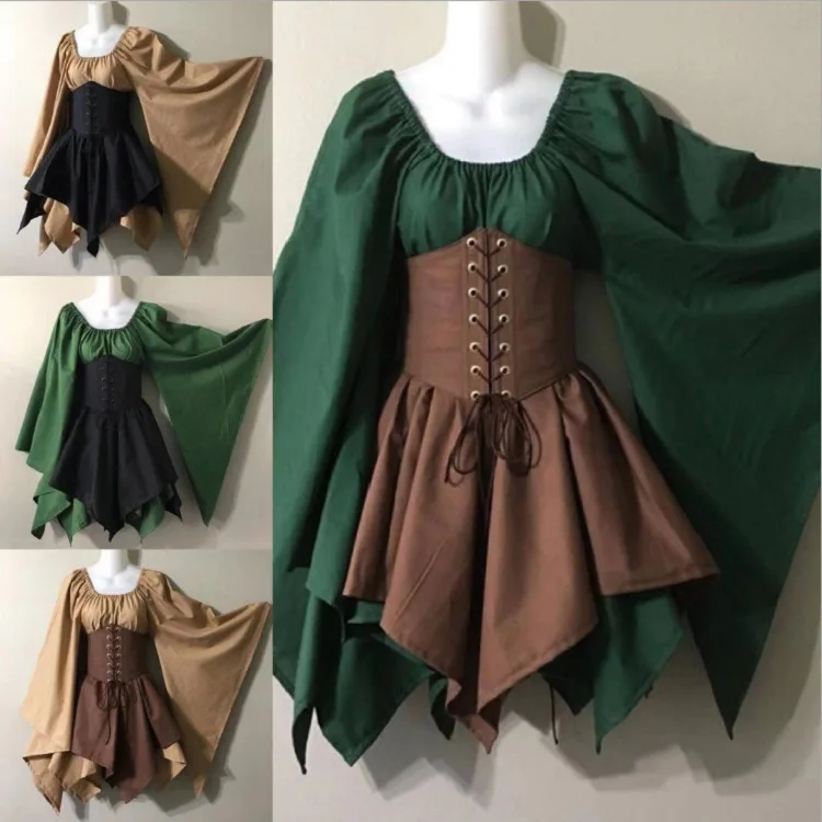 European and American Medieval Retro Contrasting Slim Fitting Skirt with Flying Sleeves Large Swing Skirt One Shoulder Dress