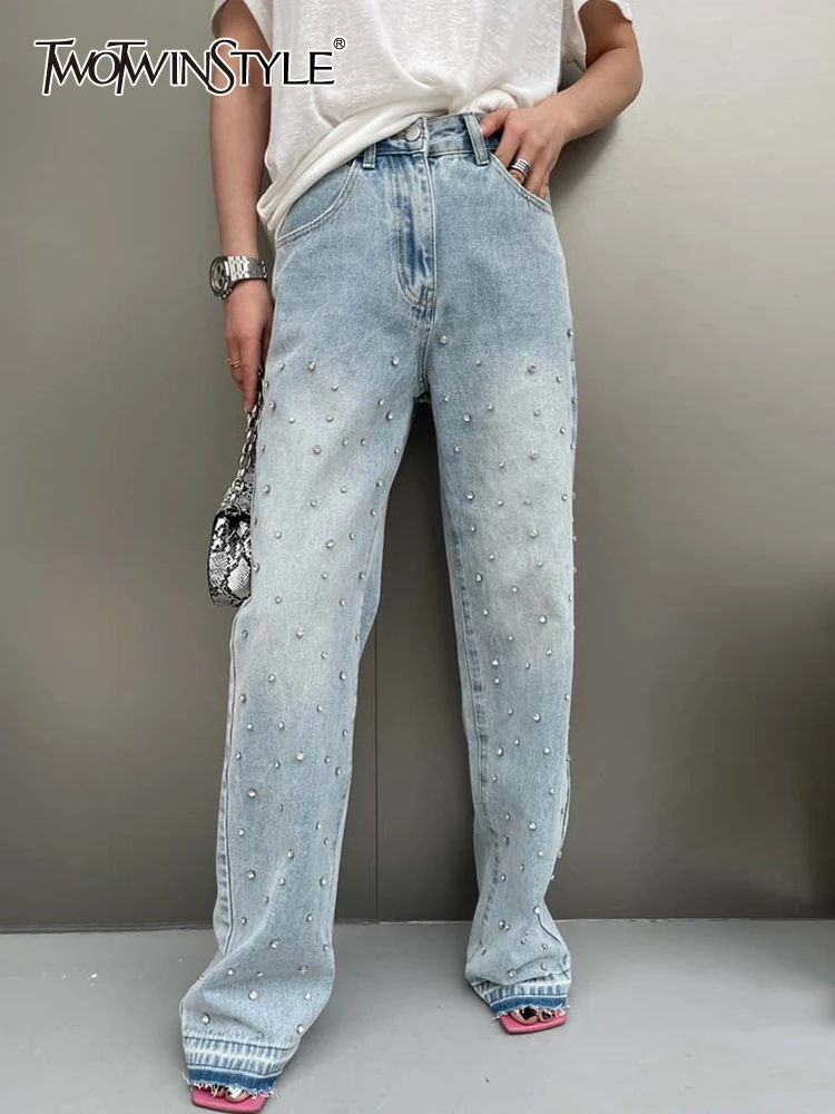 TWOTWINSTYLE Patchwork Embroidered  Flares Jeans For Women High Waist Spliced Button Slim Pencil Pants Female Fashion Clothes