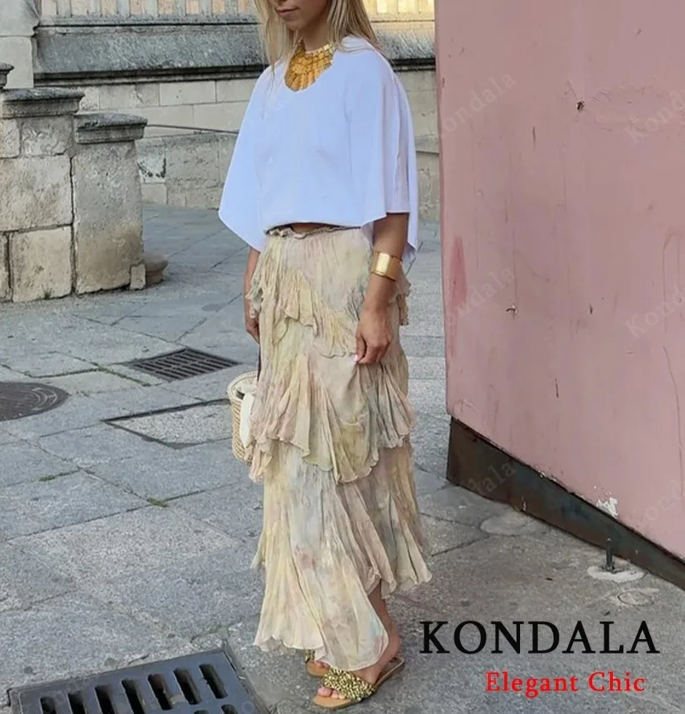 KONDALA Vrouwen Elegante Hippie Rok Gradiënt Print Tiered Ruches Lange Rokken 2025, Zomervakantie High Street Boho Dame Rokken