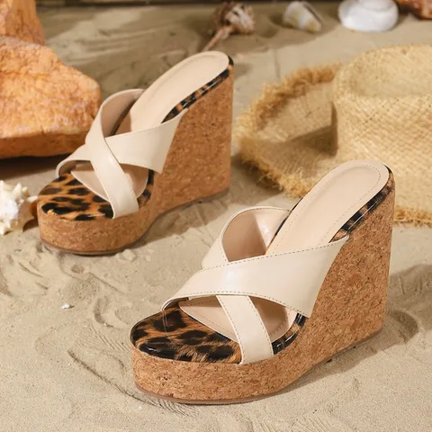 Aneikeh Summer Sandals Leopard Print Color Blocked Wedge Heel Thick Soled High Heels Wood Pattern Fashion Beach Slippers Shoes