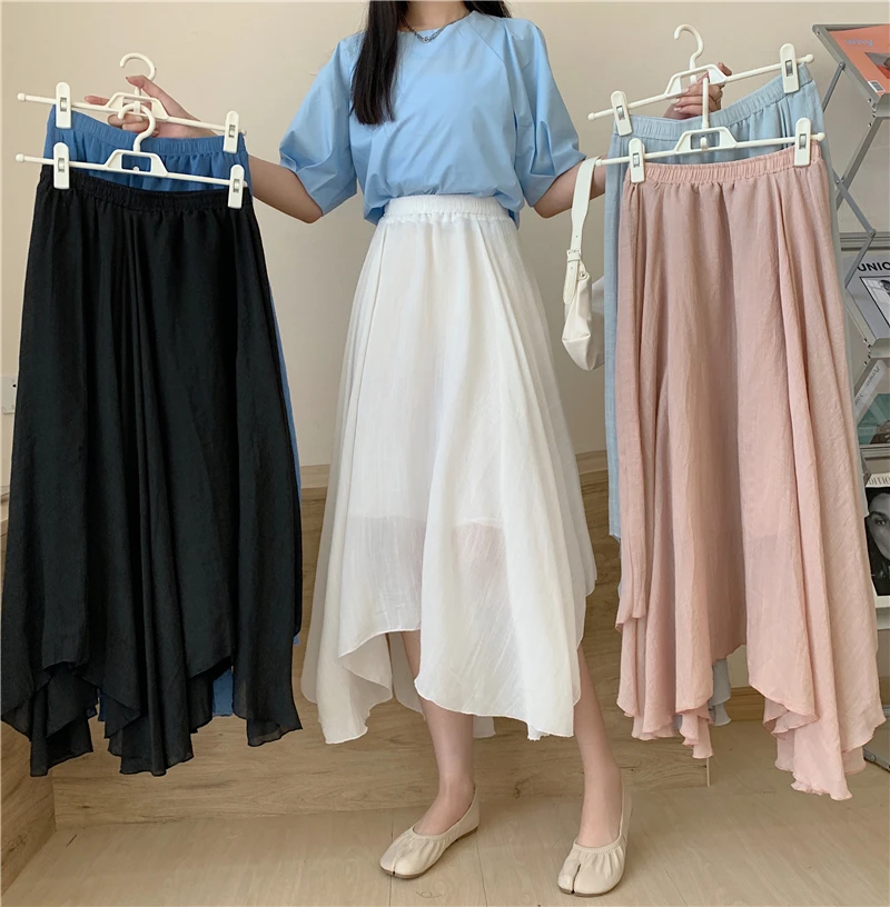 

Юбка миди с высокой талией, однотонная, асимметричная, женская, весна-лето, новая корейская модель, универсальная плиссированная макси-юбка