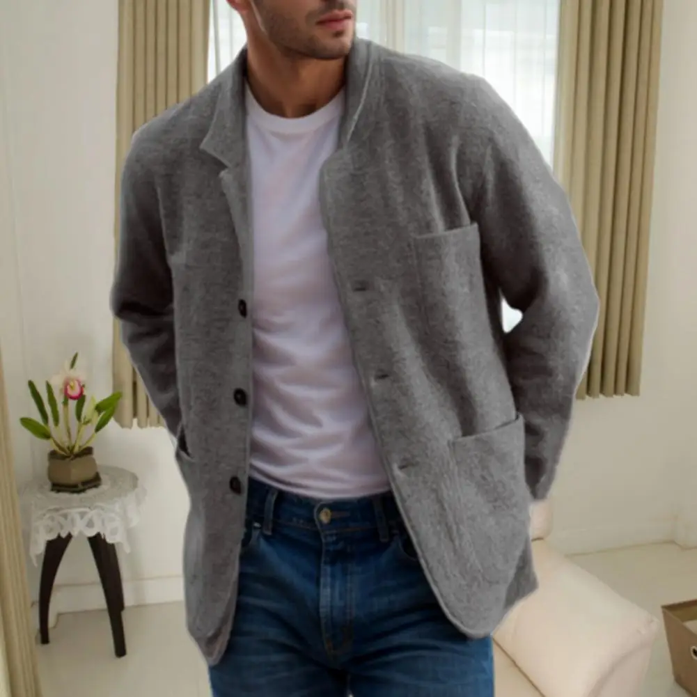 メンズ長袖シングルブレストウールジャケット,ポケット付き,ラペルコート,単色,ゆったりとしたフィット感,カジュアルなアウター