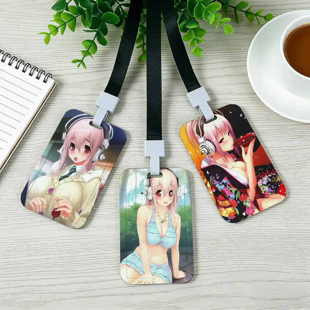 Cute S-Super S-Sonico Pocket Credit ID Card Badge Tag Bus Card Holder Pass Case With Neck Strap Lanyard