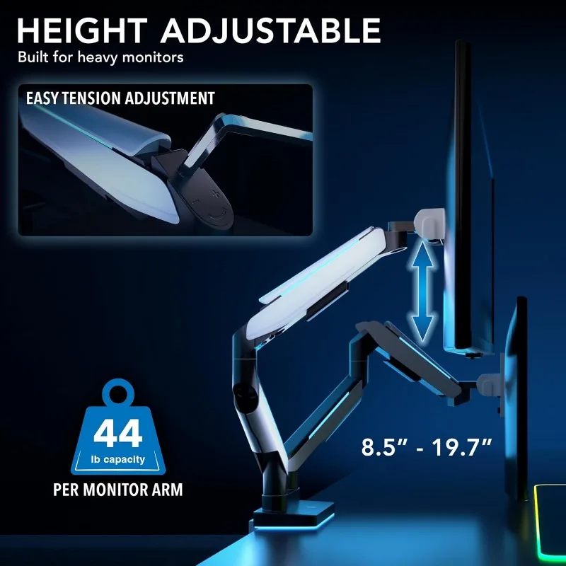 Heavy Duty Dual Monitor Arm up to 35 in. 44 lbs Screens    27 32 34 35 inches, Gas Spring, Clamp, Grommet, RGB Lights