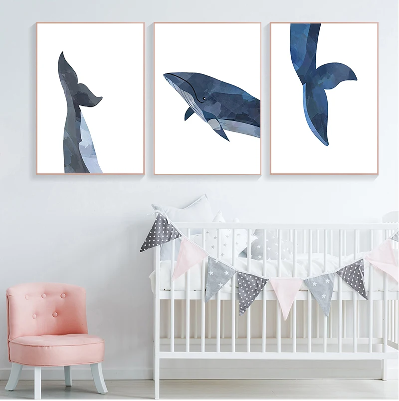 Whale Animal Canvas Poster Print Ocean Sea Nursery Theme Art Painting Narwhal Whale Pictures Home Baby Room Wall Art Decor