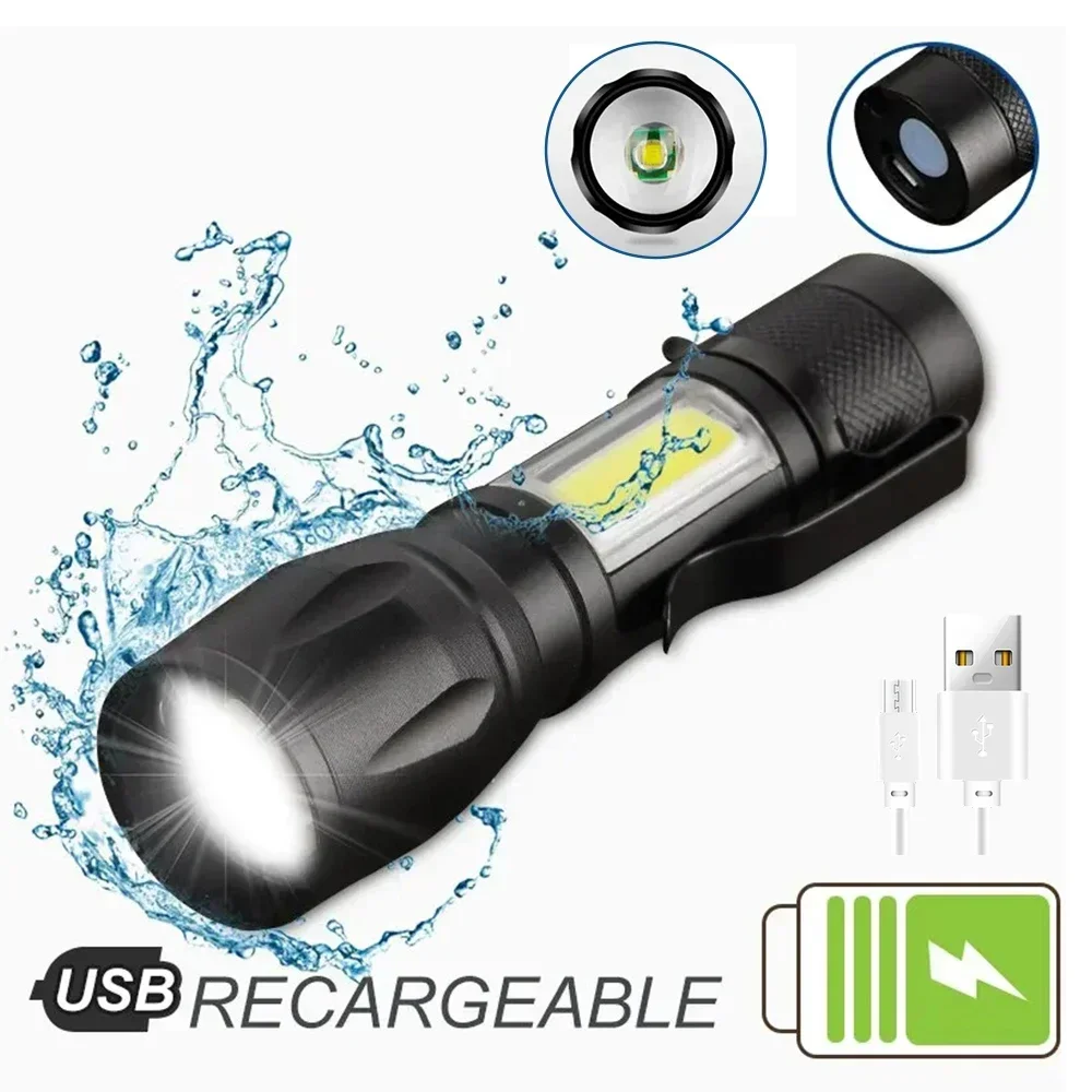 Mini latarka LED COB + XPE przenośna latarka USB ładowanie latarnia kempingowa Zoomable Focus Light latarka taktyczna z klipsem na długopis