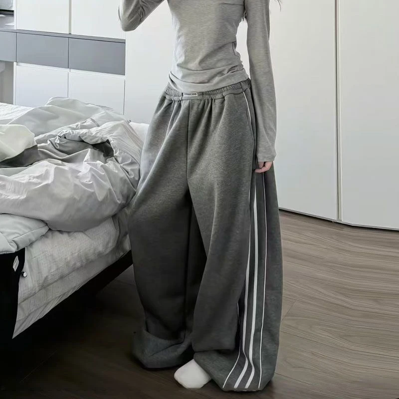 الأمريكية شريط Sweatpants النساء الشتاء سميكة عالية الخصر الشارع الشهير فضفاض Mujer سراويل للجري Y2K الهيب هوب الشرير مستقيم بنطلون