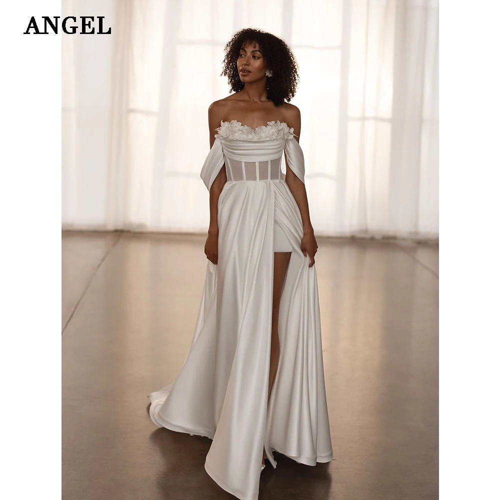 

ANGEL Satin Elegan Wedding Dresses 2026 Side Split Sexy Bride Dress With Flower Long Bridal Gowns Vestidos De Novia Custom