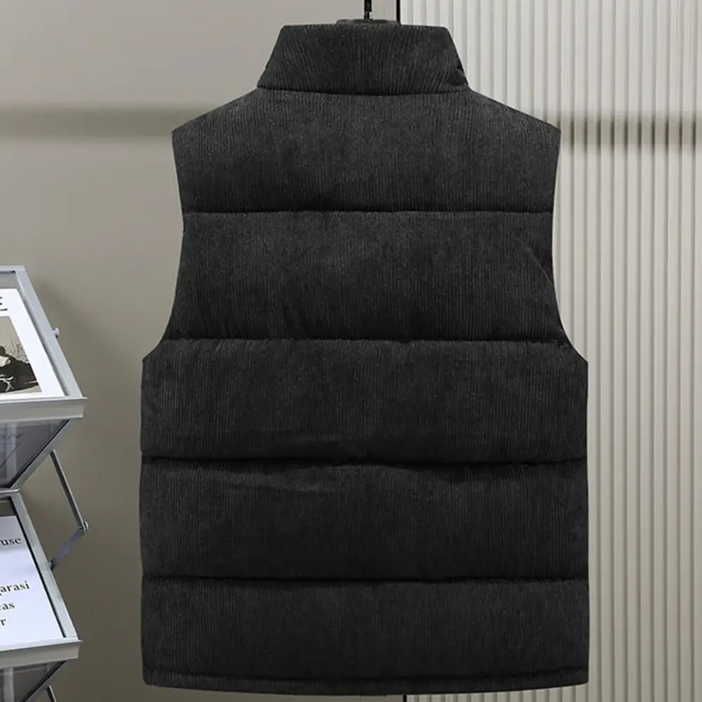 Rompi korduroi untuk pria, rompi korduroi warna polos kasual, mantel panjang tanpa lengan dengan kerah berdiri dan kantong berdiri