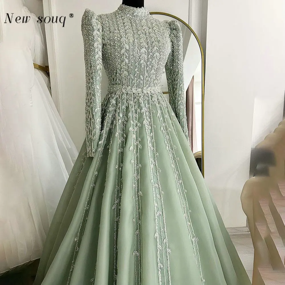 Dubai Arabic Sage Green A Line Beaded Evening Dresses Long Sleeves Muslim High Neck Formal Prom Pageant Gows for Women Weddings