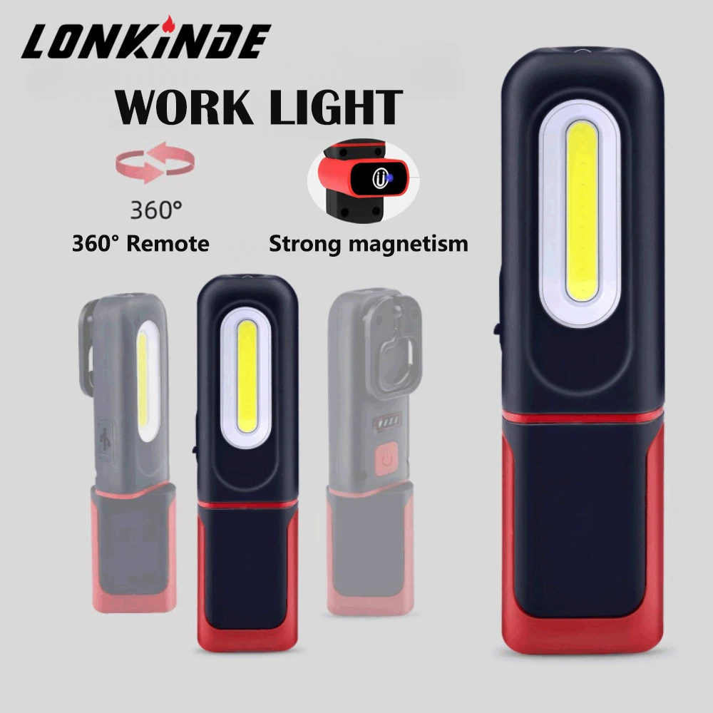 Portable USB Rechargeable Work Light Magnetic COB LED Flashlight Hanging Lamp with Built-in Battery 360° Stand Camping Torch