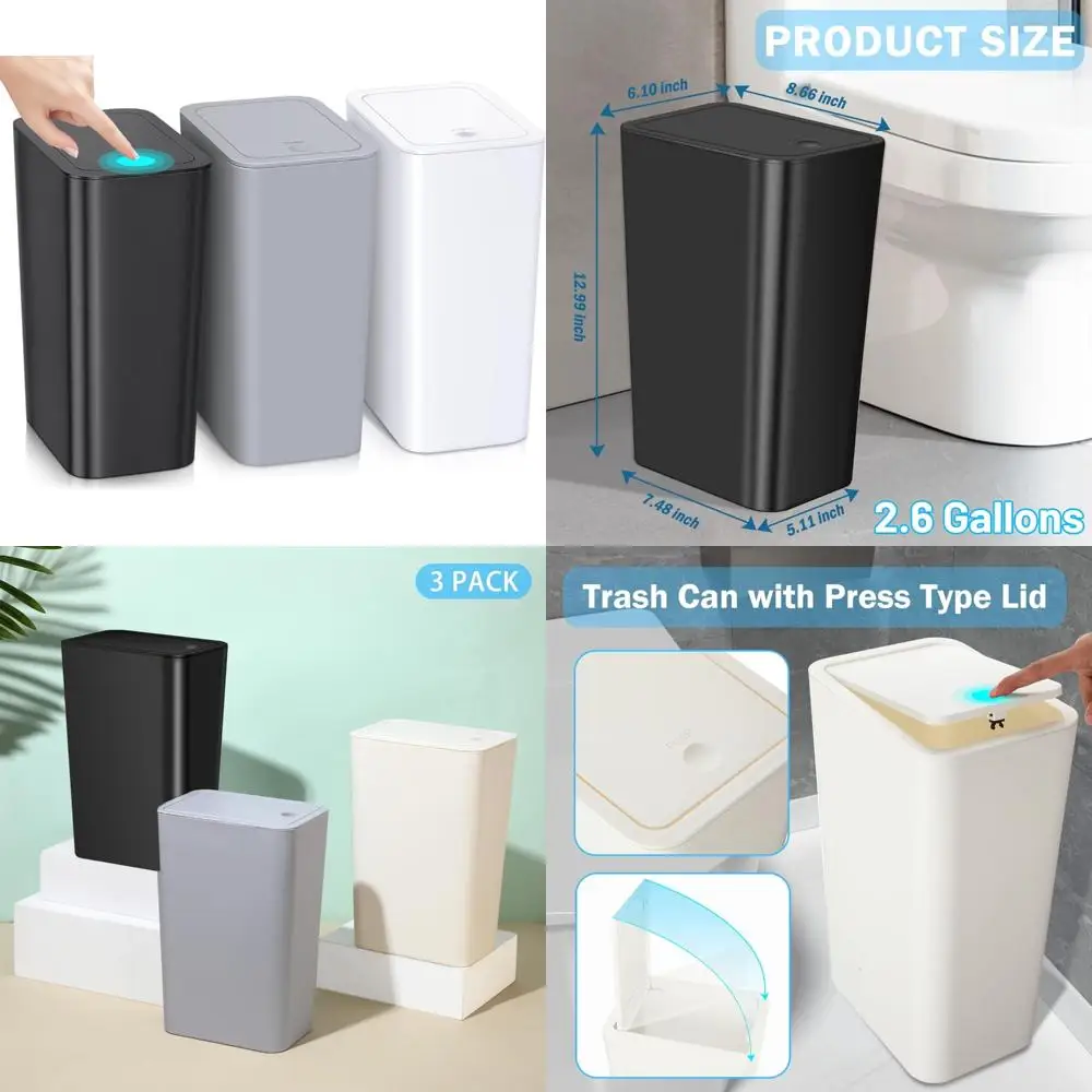 

Небольшое мусорное ведро для ванной комнаты из 3 упаковок с крышкой, тонкое мусорное ведро на 10 л/2,6 галлона с выдвижной крышкой для спальни, офиса, комплект