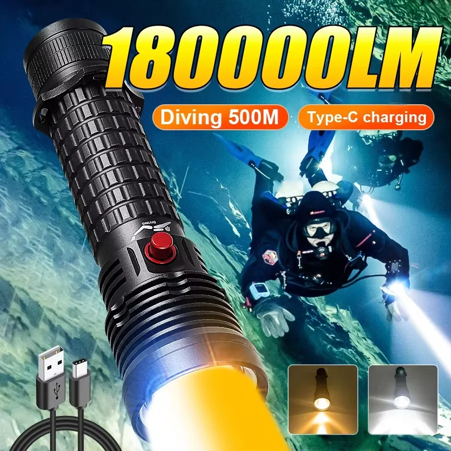 2026 Professional Diving Flashlight USB Rechargeable Torch IPX8 Waterproof Diving Lamp Built-in Battery Underwater Diving Torch