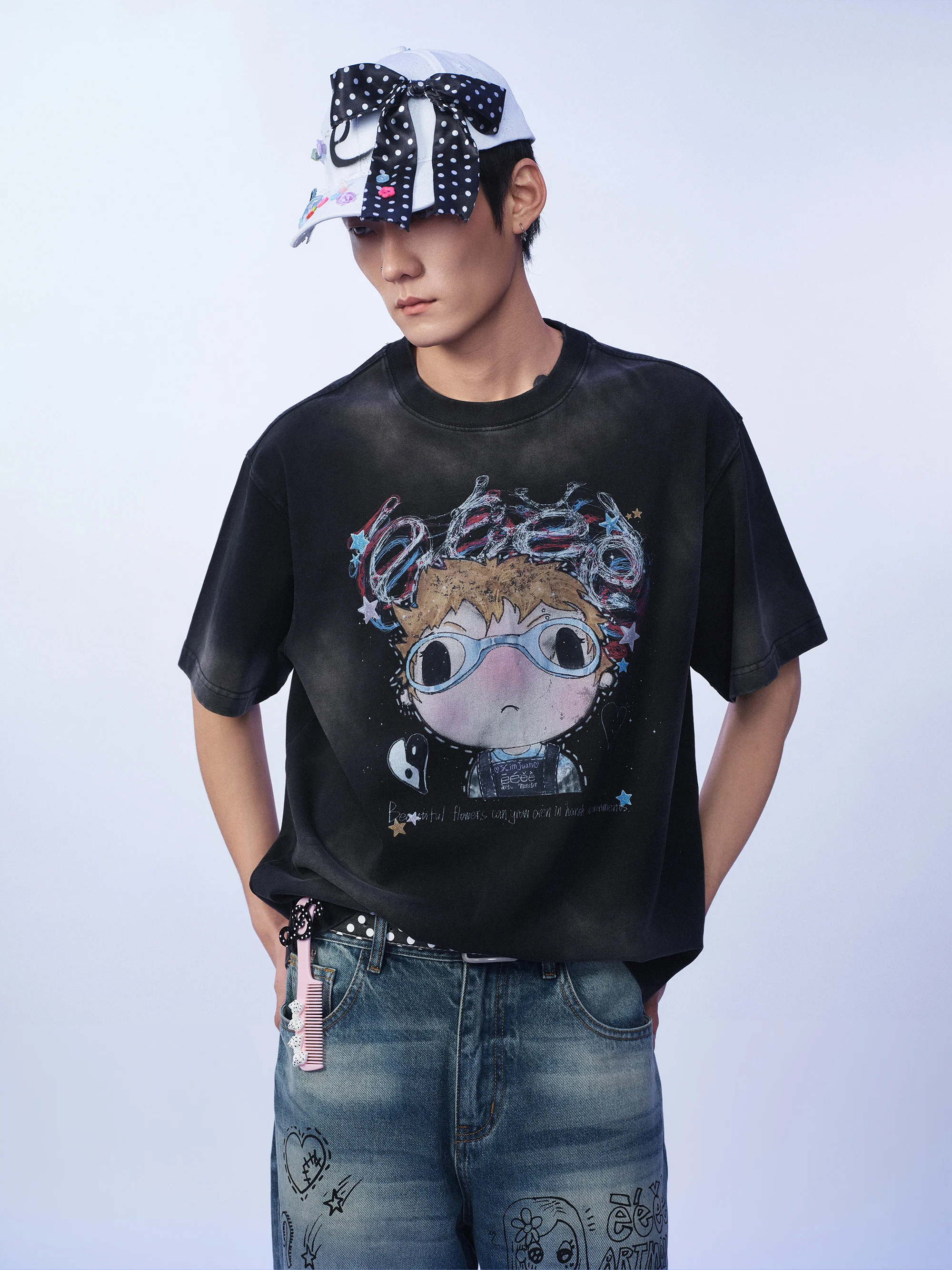 Washed Punk Graffiti Head Portrait Streetwear Short Sleeve T-Shirt Spring Summer Unisex Skin-friendly Breathable Digital Prin...