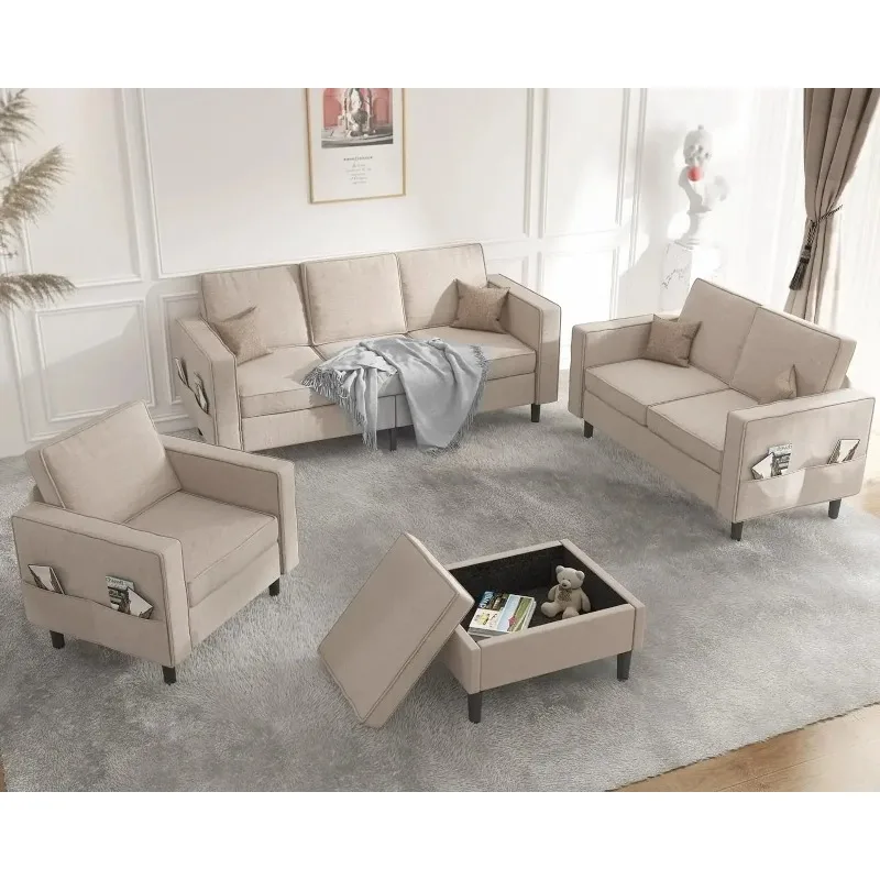 For Long-Lasting Living Room Sofas, 4 Pcs Sofa Couch Set with Storage Ottoman, Living Room Sofas，1+2+3＋0 Sofa Set