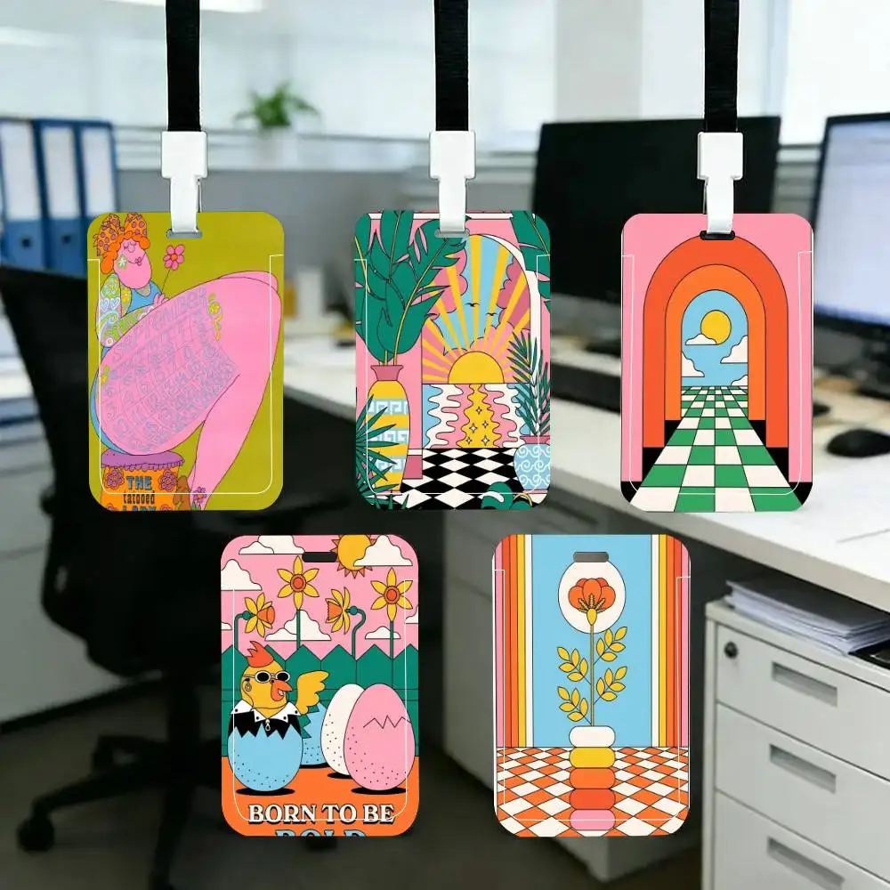 

Colourful Illustration ID Card Holder Neck Strap Pendant Door Badge Holder Lanyards Keychain Work Credential Case Gift