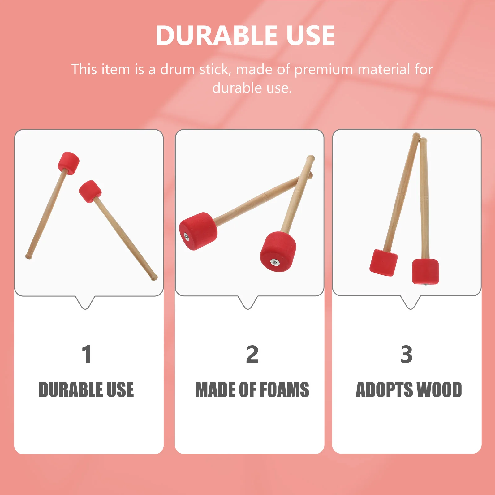 

2Pcs Bass Drum Mallets Foam Ball Head Wood H Music Instrument Percussion Practice Beginner School B