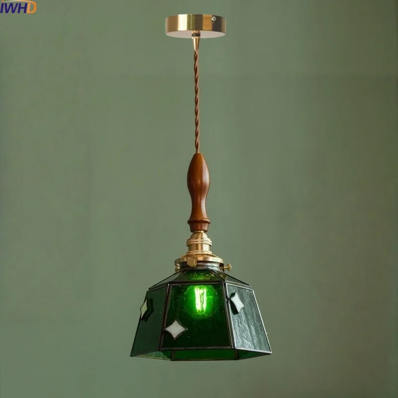 

IWHD Зеленый Стекло Современные Светодиодные Подвесные Светильники Кухня Столовая Дизайн Деревянная Ручка Золотая Медь Подвесной Светильник Lampara Colgante
