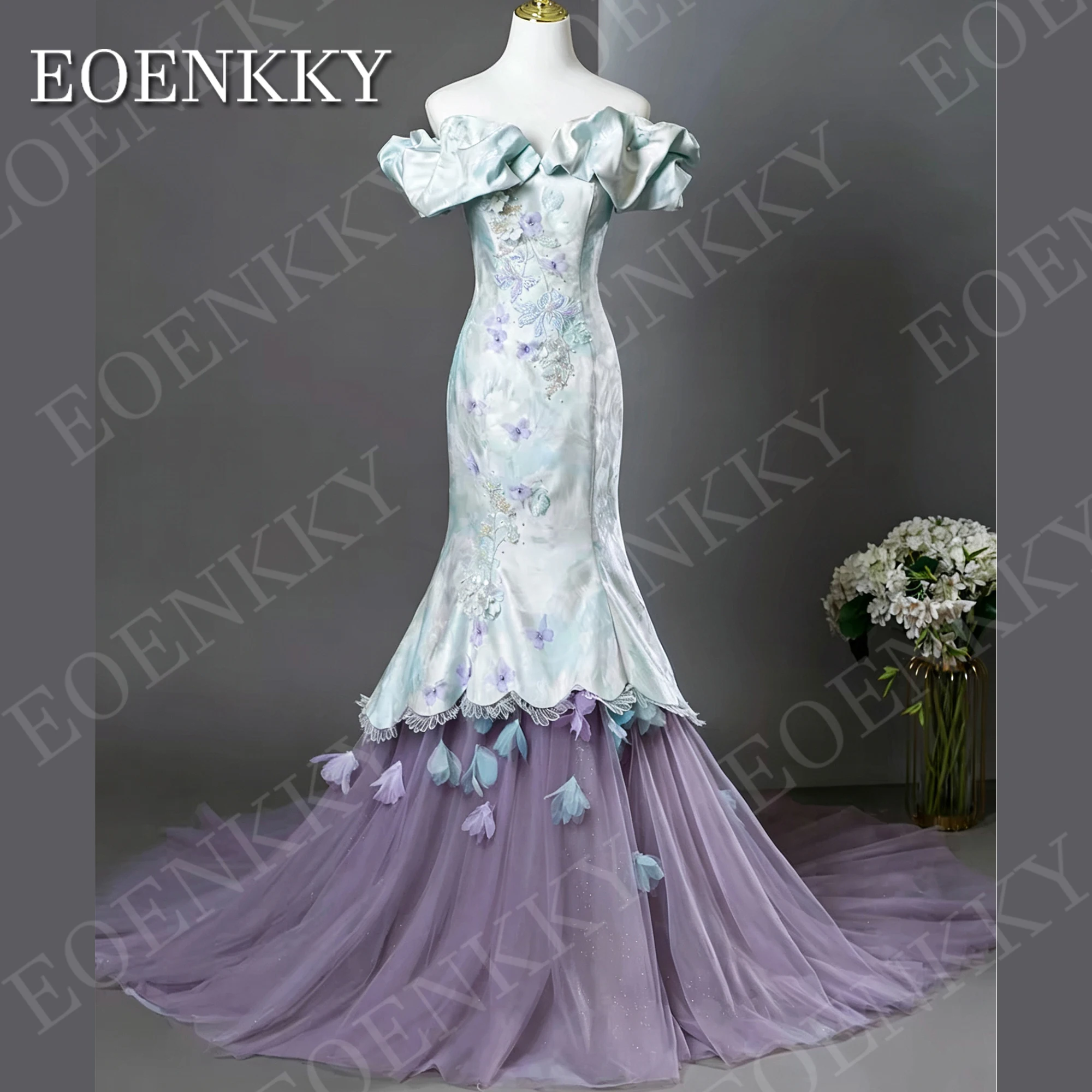 EOENKKY Meerjungfrau-Abschlussballkleid schulterfrei Damen-Abendkleider elegantes 3D-Blumen-Satin-Partykleid maßgeschneidert Mermaid Prom Kleid Off Schulter Frauen Abendkleider Elegante 3D Blumen