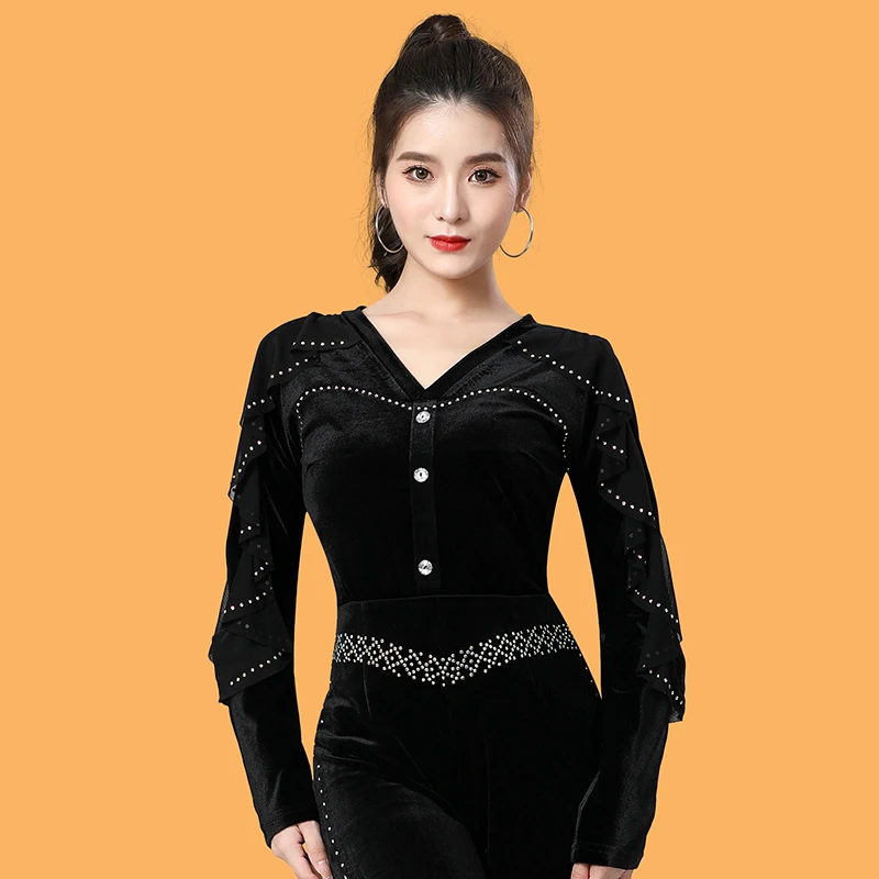 Velvet Ballroom Dance Tops Adult ChaCha Rumba Latin Practice Wear Black/Red Rhinestone Tango Waltz Performance Costume YS4586