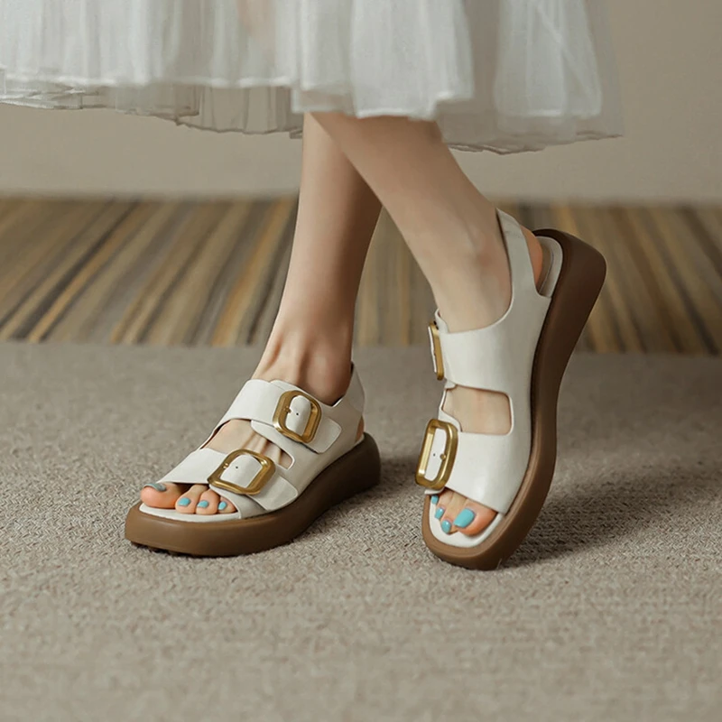 2024 Summer Women Shoes Fashion Round Toe Thick Heel Women Sandals Split Leather Solid Sandals Platform Casual Roman Shoes Women