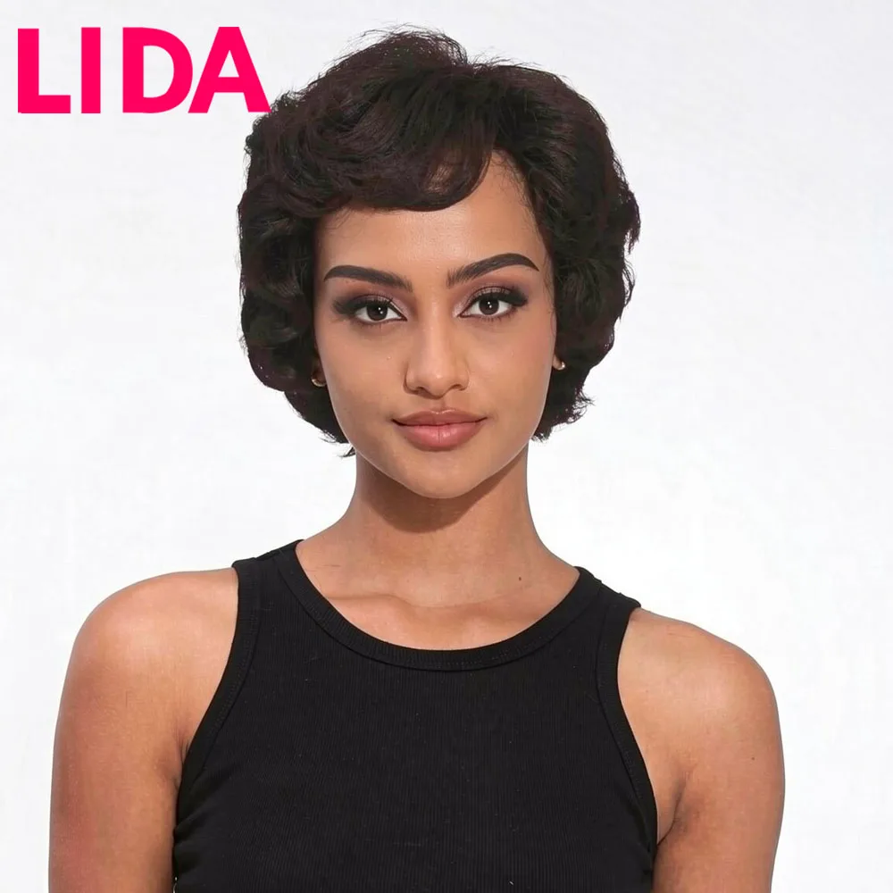 Peluca corta de cabello humano Lida, cabello rizado no Remy, pelucas hechas a máquina, extensiones de cabello humano chino, peluca negra y marrón para mujer