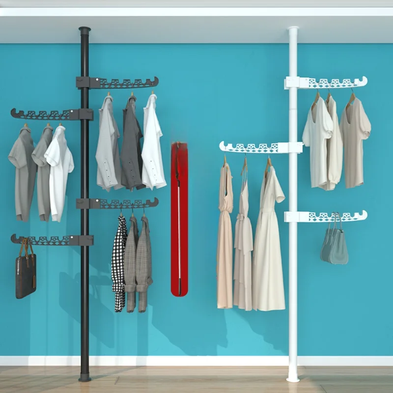 Floor Standing Clothes Drying Rack Non-Pierced Adjustable Rods Home Use Coat Hanger Balcony Indoor Bedroom Stretchable Pole