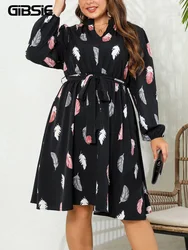 GIBSIE Plus Size Feather Print Casual Belted Dress Women Spring Fall Notch Neck Long Sleeve Korean Female Midi A-Line Dresses