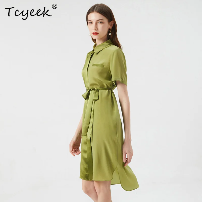 Tcyeek puro 100% seda elegante vestidos de cetim cor sólida manga curta rendas vestido de festa casual para mulheres senhora do escritório d3n229qm