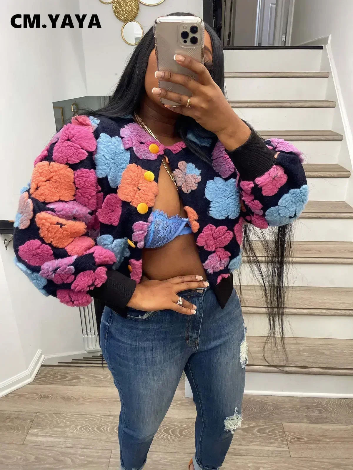 CM.YAYA Elegant Women Button Front Floral Appliques Long Sleeve Jacket Thick Warm INS 2022 Winter Streetwear Fashion Outwear