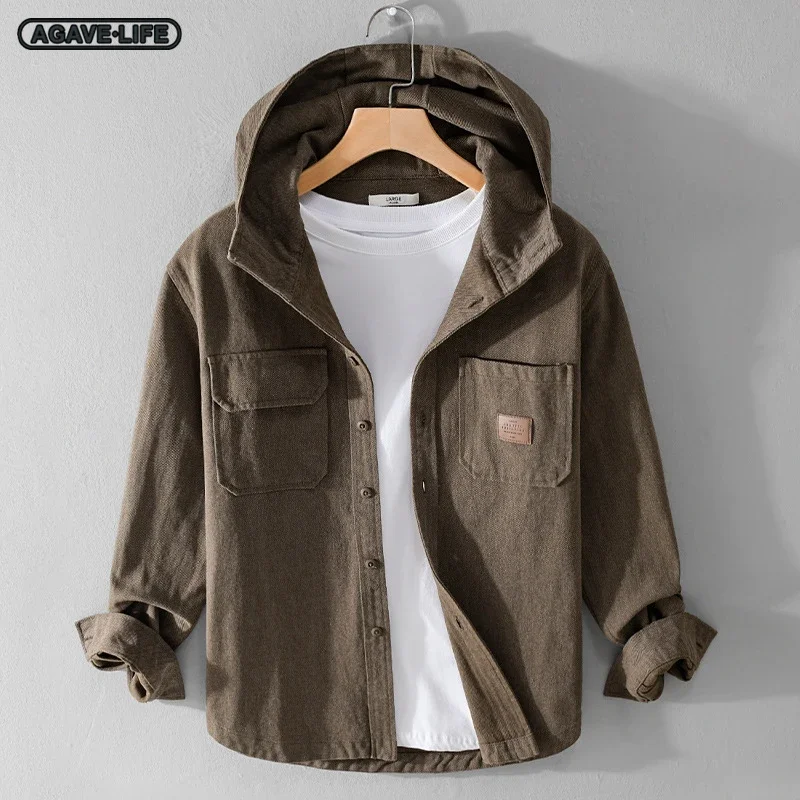 

Spring Autumn Simple Men's Long-sleeve Shirts Casual Loose Men Retro Solid Color Shirt Youth Male Fashion Hooded Comfortable Top