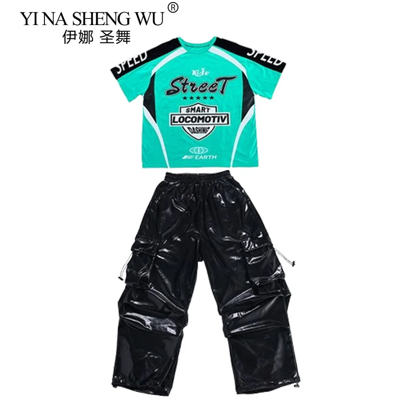 Boys Hip Hop Green T-shirt Shiny PU Leather Cargo Pants Girls Crop Top Kids Street Dance Streetwear Children Jazz Clothes Sets