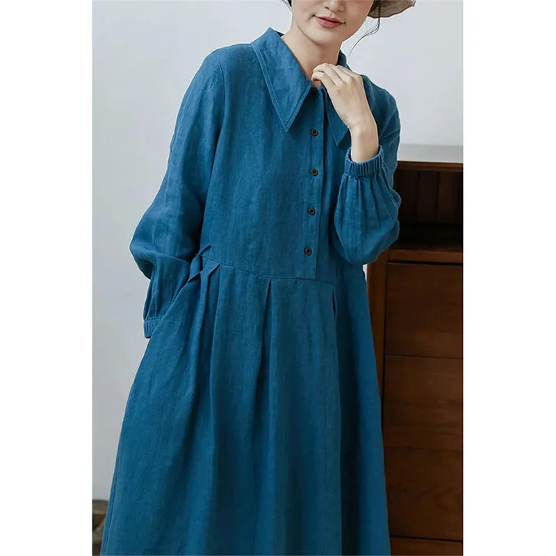 Literary Solid Color Cotton Linen Dress 2024 New Women Spring Summer Autumn Dresses Vestidos Long Sleeve Casual Shirt Dress