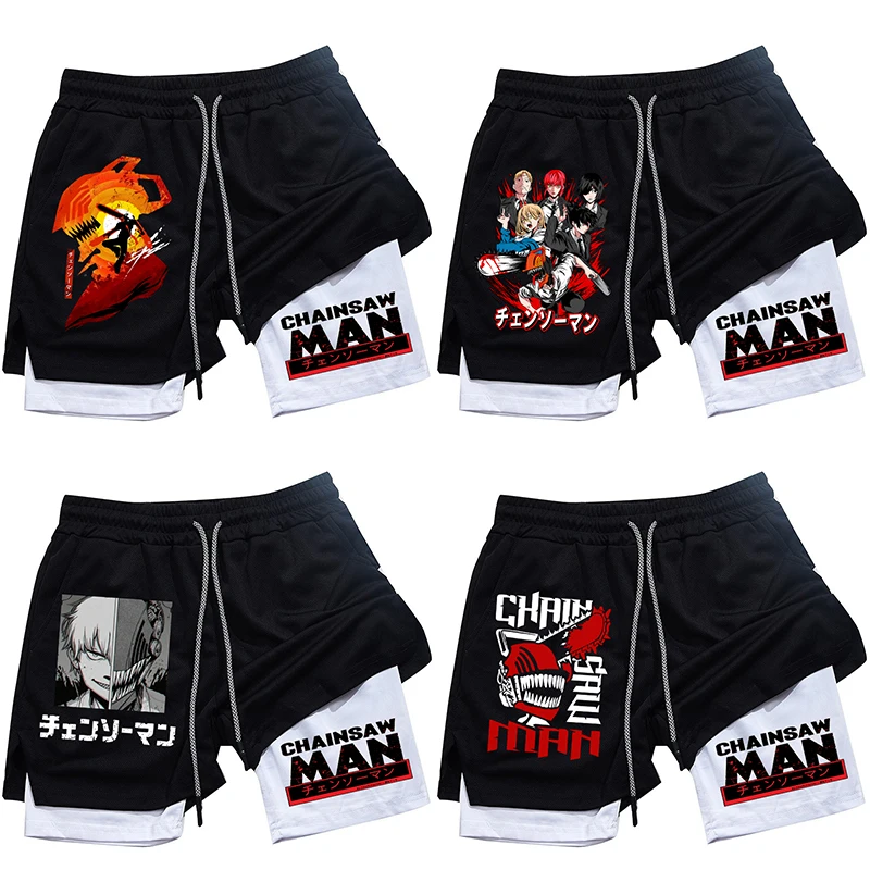 

New Chainsaw Man Gym Shorts Men Basketball Shorts 2 in 1 Double-deck Quick-dry Pants Adult Sportswear Summer Men's Clothing