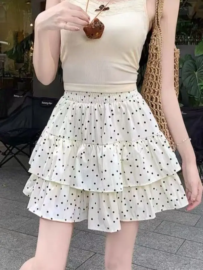 Polka Dot A-Line  Skirt Women's Summer High Waist Pleated Cake Style Half-length Skirts for Petite Ladies