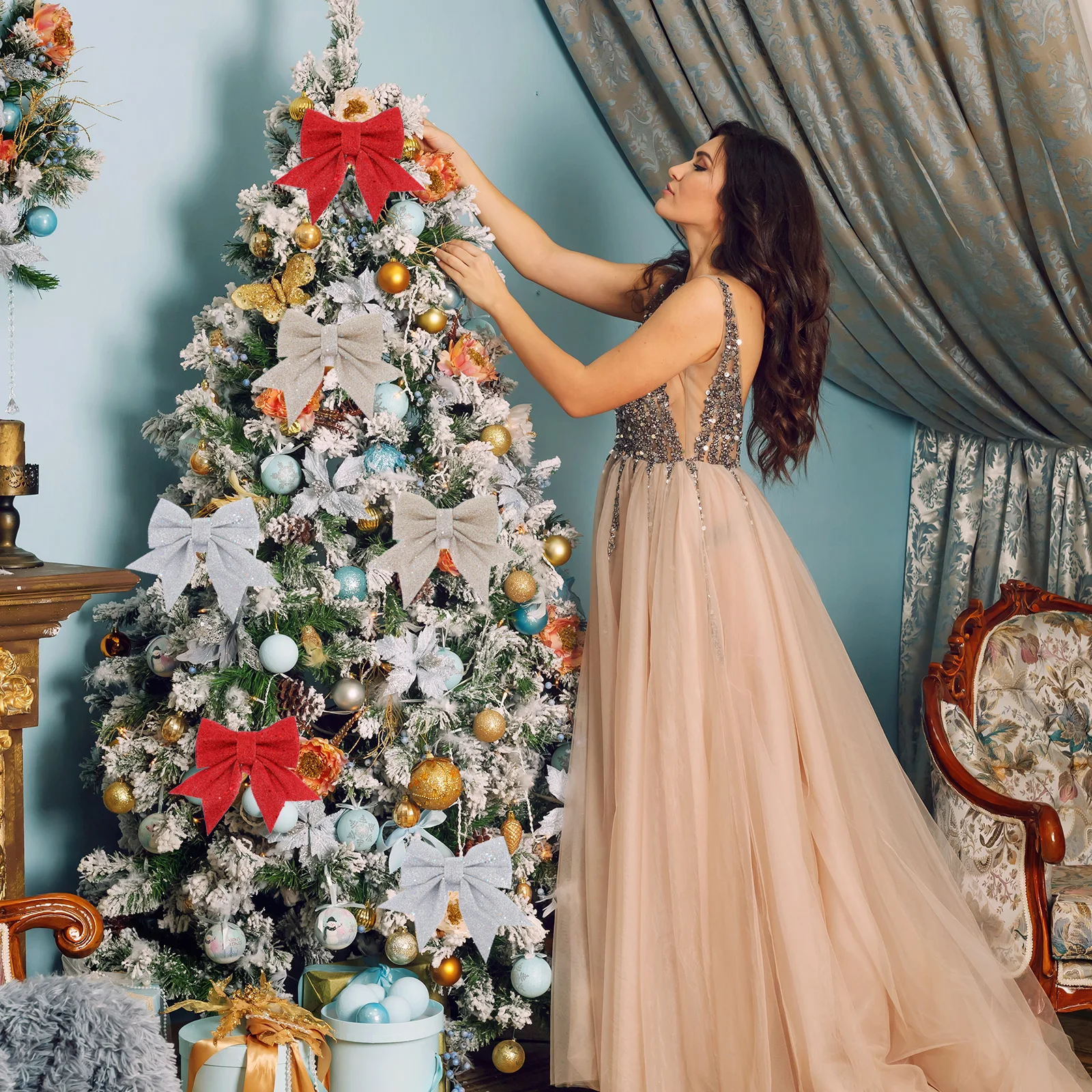 

6 Pcs Christmas Tree Bow Ornaments Pendant with Bows on Them Decorations Bowknot