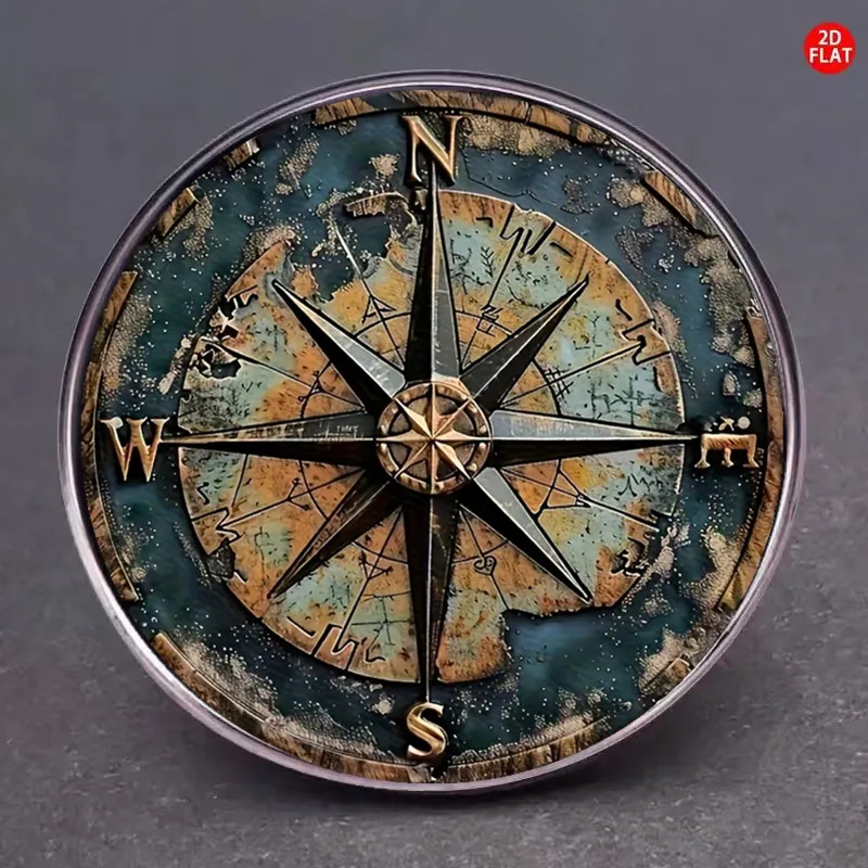 2D Flat - A 2D Flat Navigation Compass Brooch, This Unique Corsage Serves As a Stylish Badge for Clothing, Backpacks, Necklines,