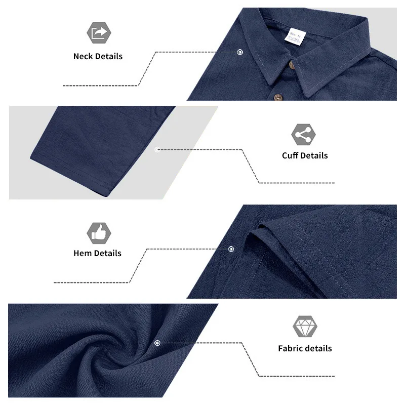 Leinen-Hemd mit Stehkragen und Knopfleiste, Herren Locker Sitzendes Atmungsaktives V-Ausschnitt Langarm-Polohemd – Detail 13