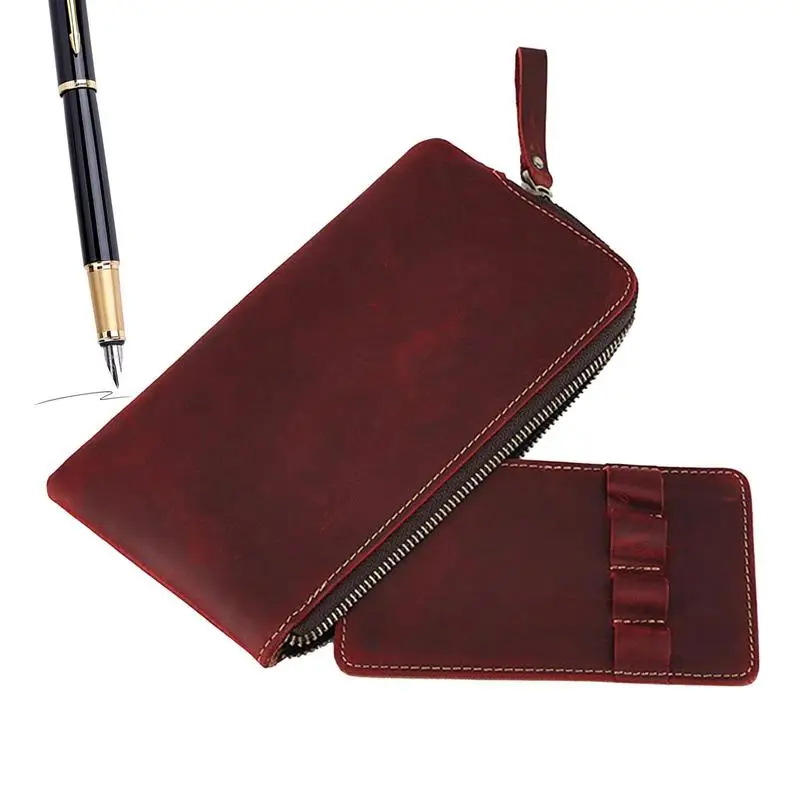 Leather Pencil Pouch Pencil Box With Zipper Holds 4 Pens PU Leather Pencil Bag Vintage Display Case For Work And University