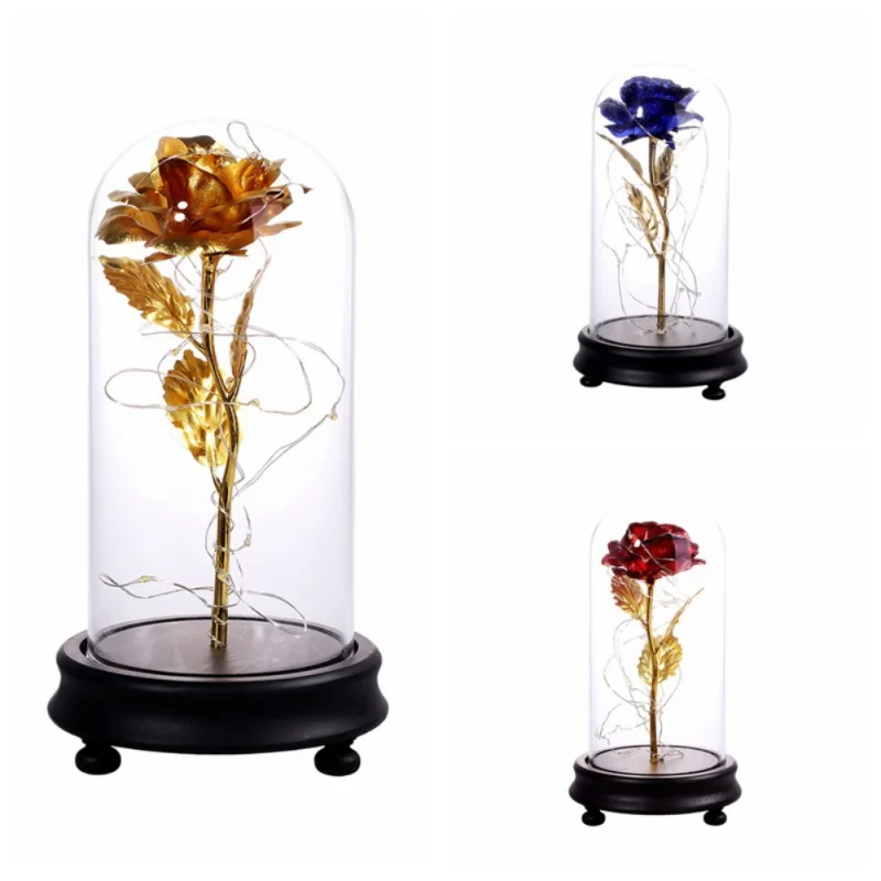 

24K Gold Plating Rose Flower In A Glass Dome With LED Light String Gift On Birthday Valentine's Day Mother's Day