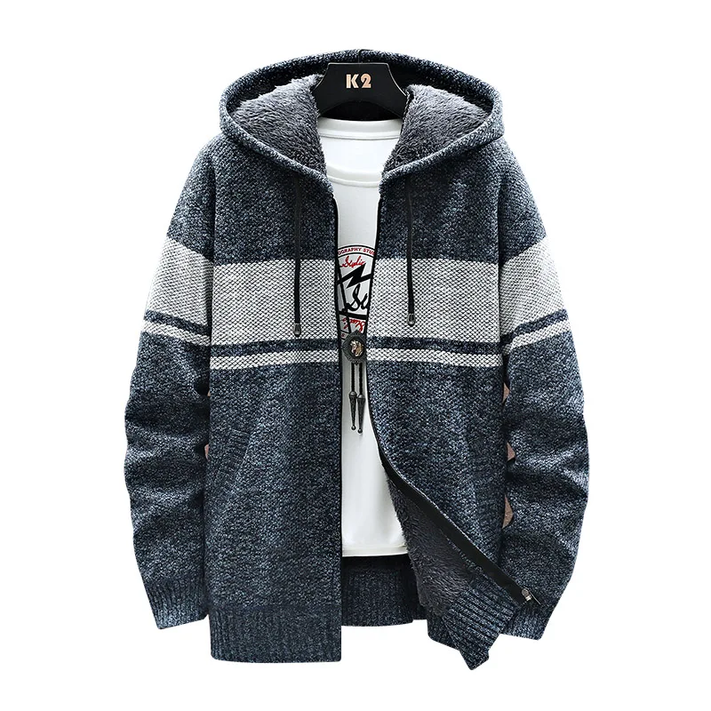 Sweaters Sweatercoats Fleece With Knitted Stripe Cardigan Jacket Casual Hooded M-3XL Korean Men\'s Men\'s Male 2023 8900 Autumn