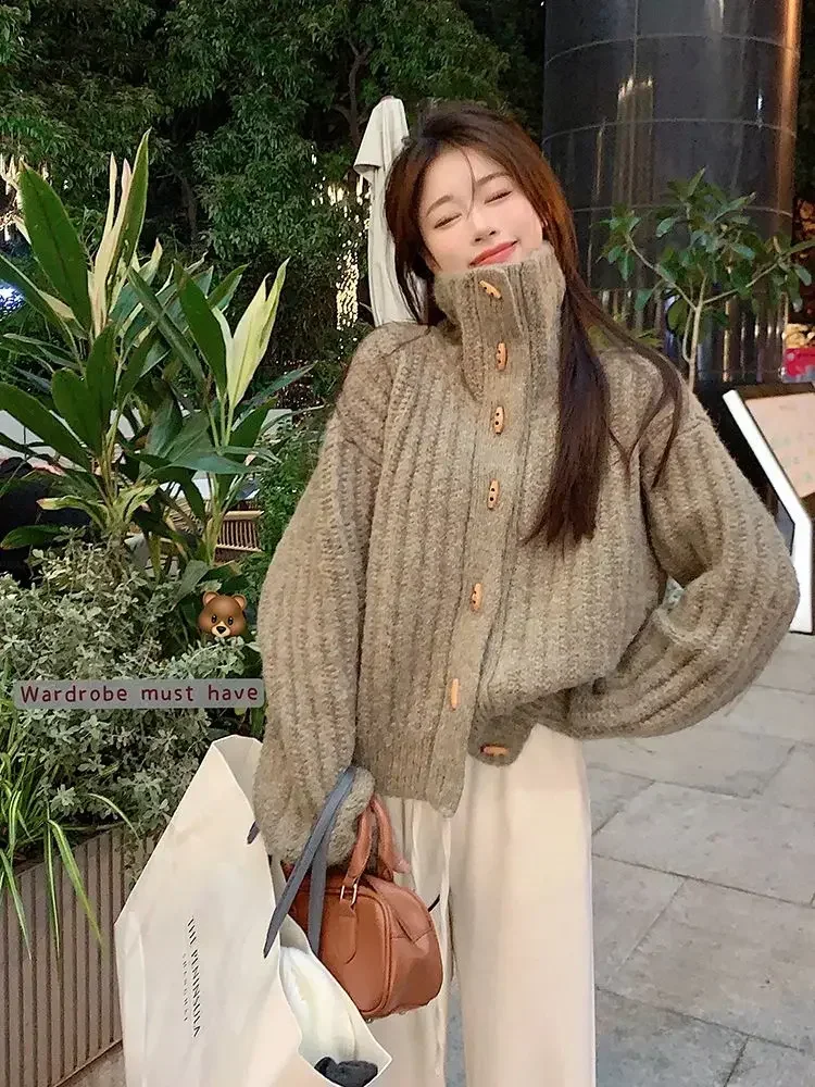 Thicken Winter Clothes Turtleneck Short Jacket Vintage Khaki Bull Horn Button Sweater Coats Korean Fashion Women Loose Cardigans