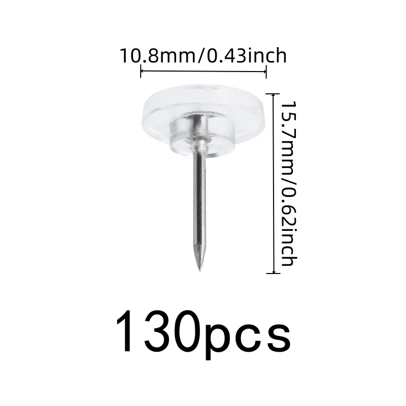Compact Discrete Design Flat Top Map Pins, 130 pcs, Photo Picture Pinning, Transparent Flat Head for Office Bulletin Board