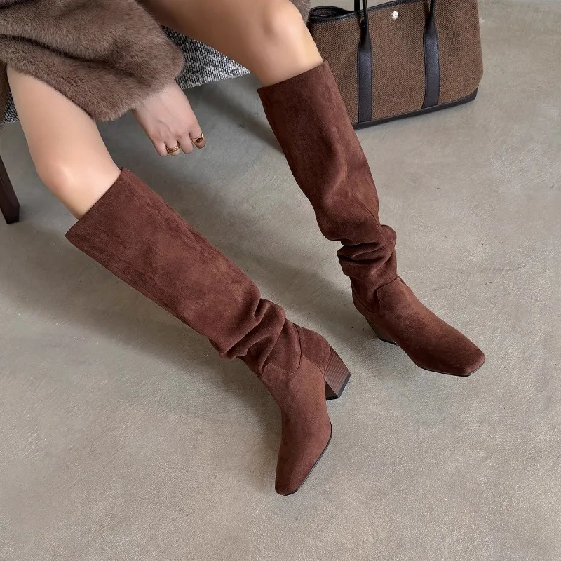 

Women Knee High Boots Autumn Winter 2025 Fashion Goth Shoes Chunky Pumps Fashion Suede Long Botas Mid Heels Snow Shoes Mujer