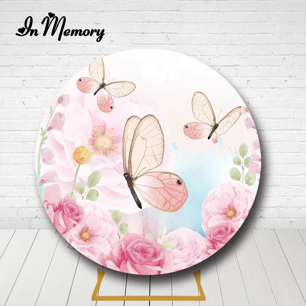 InMemory Butterfly Theme Round Backdrops Cover Pink Flowers Girls Newborn Baby Shower 1st Birthday Party Circle Background Decor