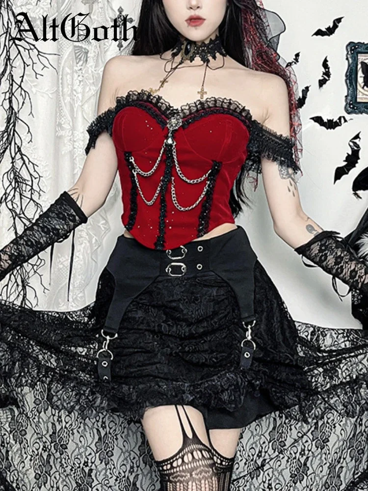 

AltGoth Christmas Dark Goth Red Vest Women Vintage Streetwear Y2k E-girl Cyber Punk Lace Chain Patchwork Crop Tank Tops Clubwear