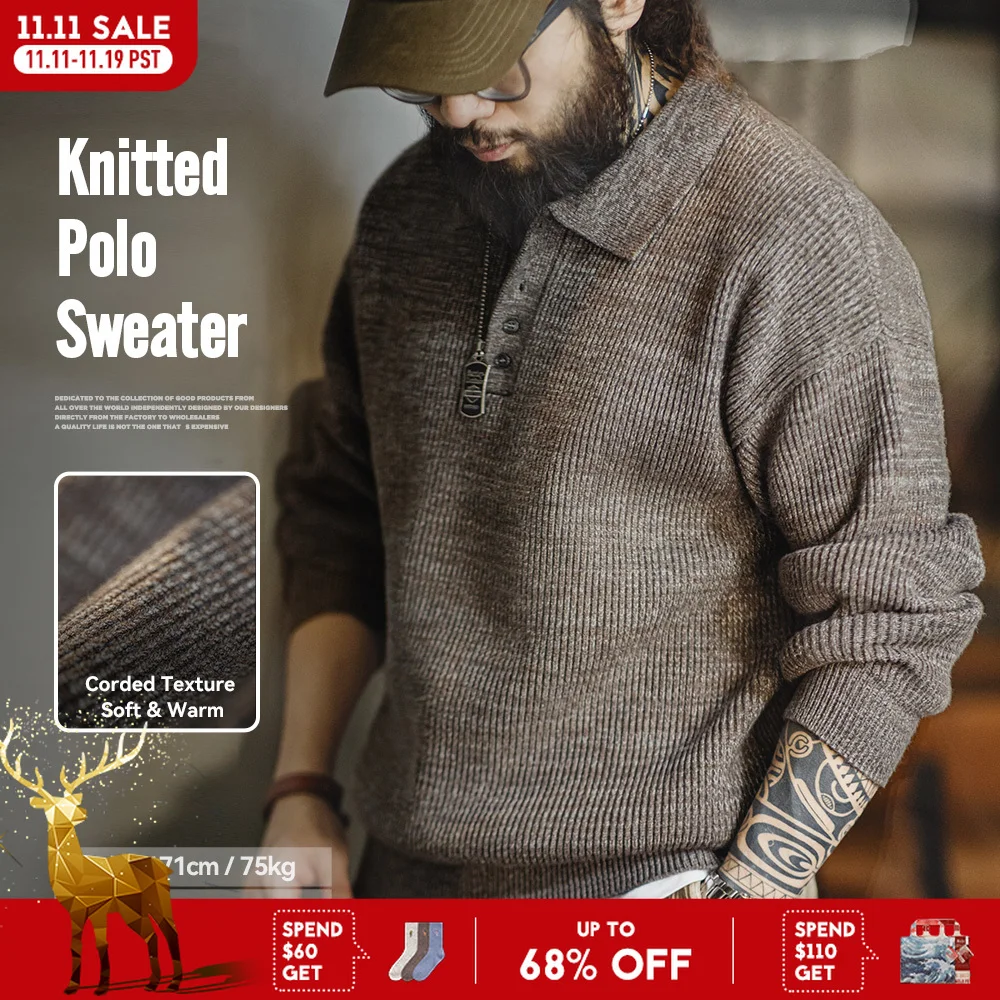 

Maden Retro Knitted Polo Shirt Loose Coffee Color Lapel Sweater Autumn Winter Men's Uncle Fu Jumper Casual Knitwear