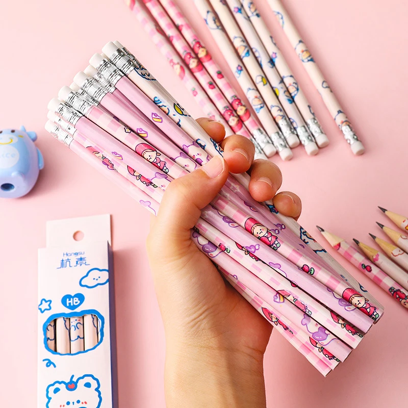 10PCS Graphite Pencil Korean Style Kawaii Pencil With Eraser Student Stationery For Children School Writing Drawing Art Supplies