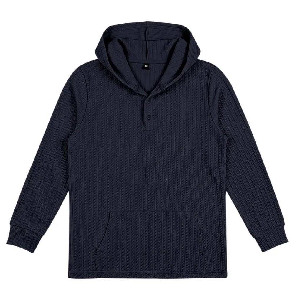 Men's Polyester Hooded Sweatshirt with Solid Color Jacquard Design Half Placket Closure and Regular Length for Warm Days